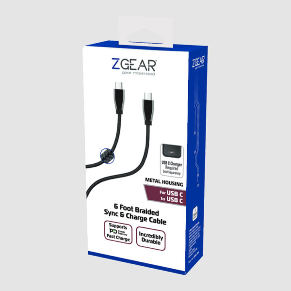ZGEAR 6-Foot Braided USB-C to USB-C Sync & Charge Cable – Durable, Fast PD Charging, Metal Housing