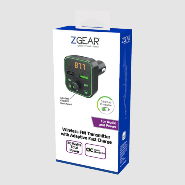 ZGEAR Wireless FM Transmitter with Adaptive Fast Charge – 30W Total Power, QC 3.0, Adjustable LED Accent